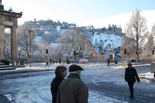 Edinburgh Castle with snow and sun