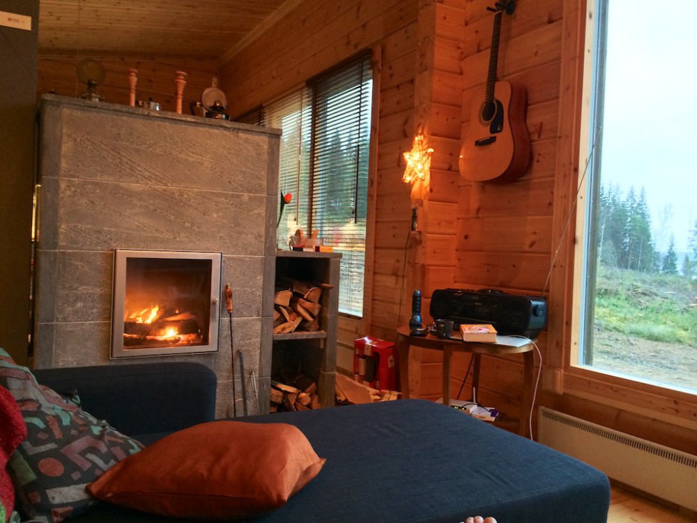 inside the cabin by the fire