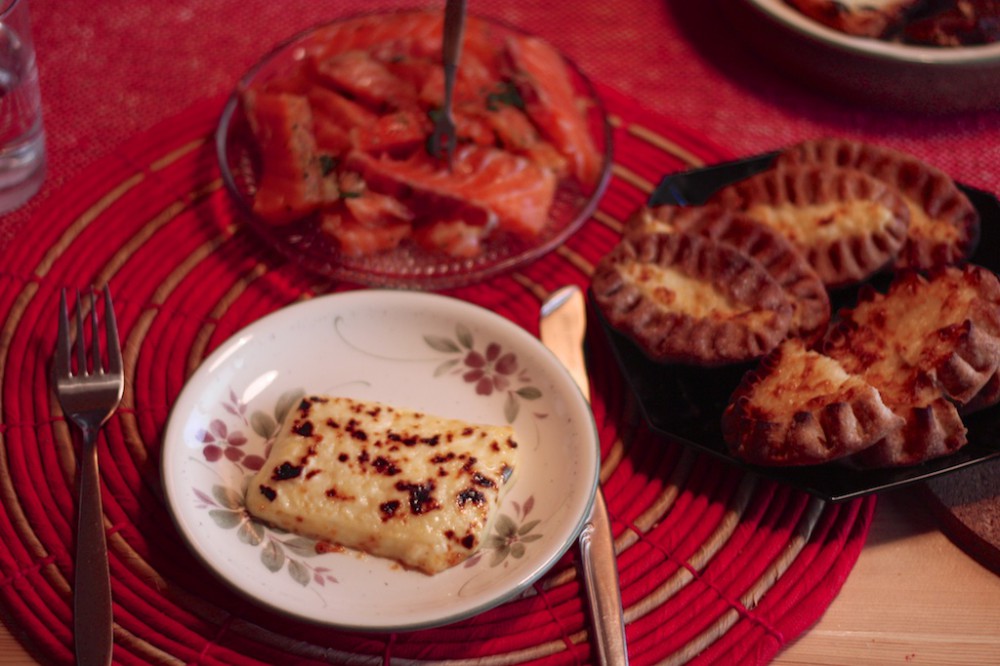 salmon, cheese, and rye pastries for breakfast in Finland