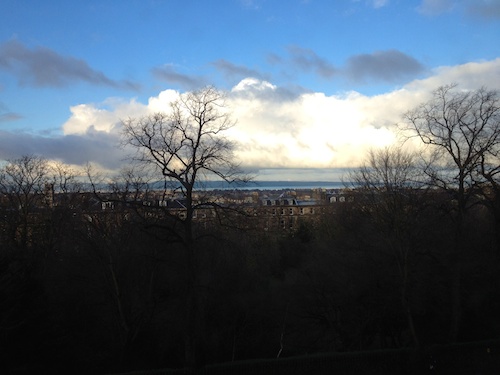 view from the temporary flat, snowy mountains in the distance