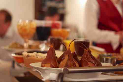 poached pears on the dessert cart