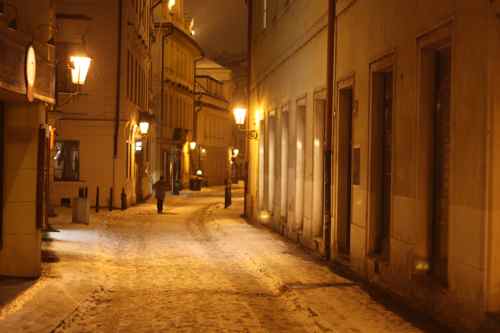 snowy street in Prague
