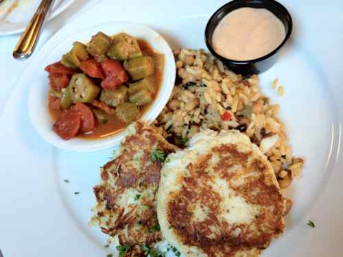 crab cakes, okra, and hoppin johns