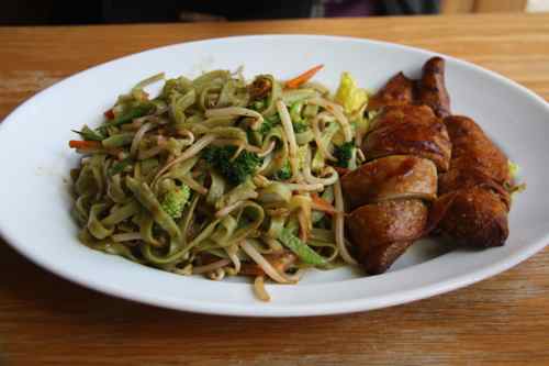 spinach noodles with broccoli and seitan at Gobo